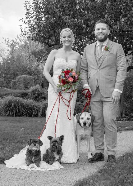 Teilcolorierung - Brautpaar mit Hunden am Aquarius M�lheim